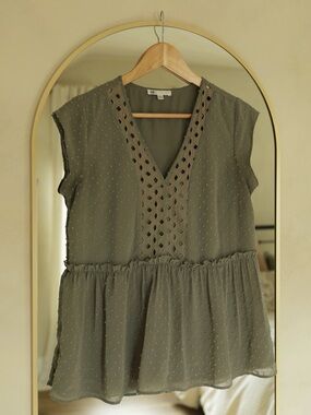 Olive Green V-Neck Peplum Top